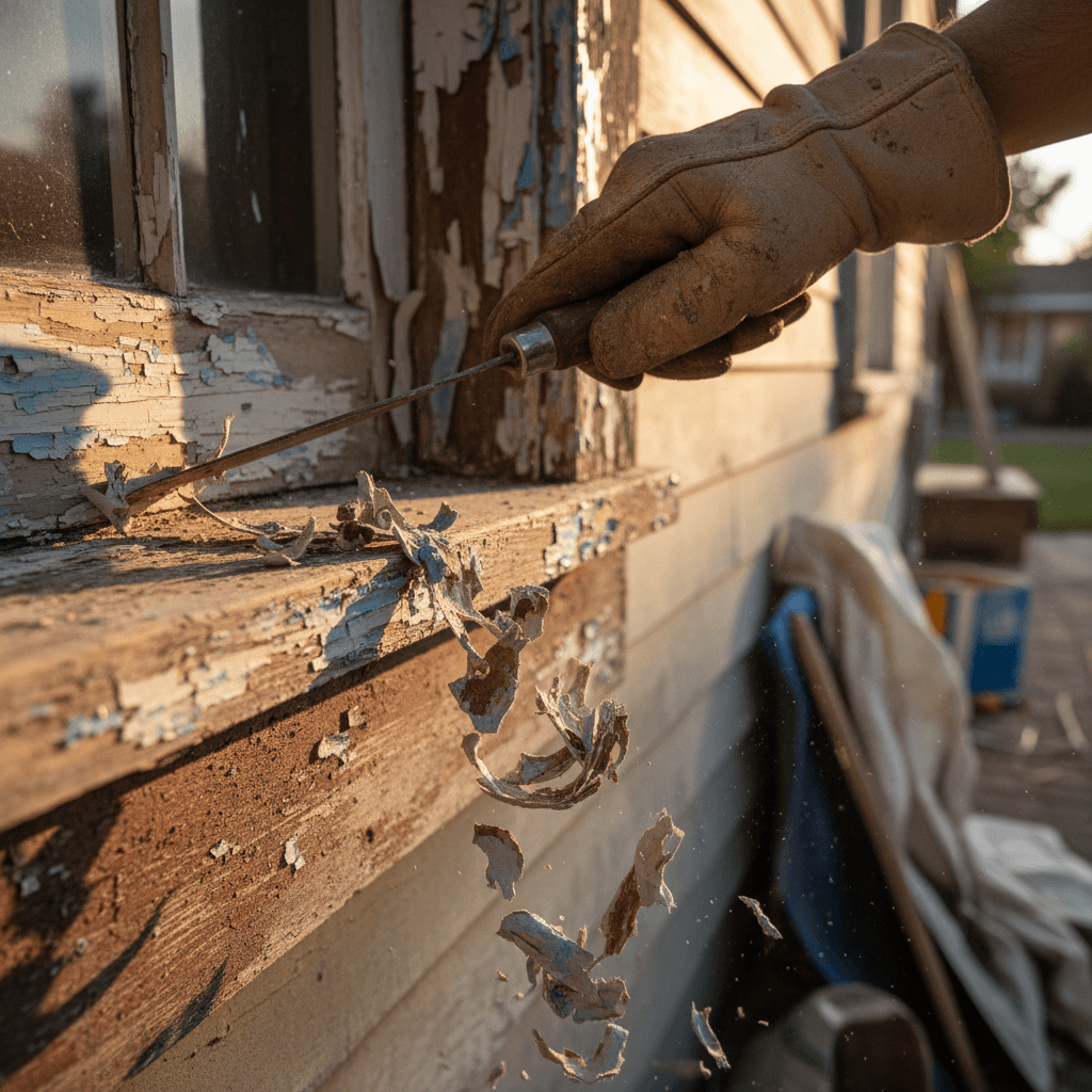Painter scraping loose paint from window trim