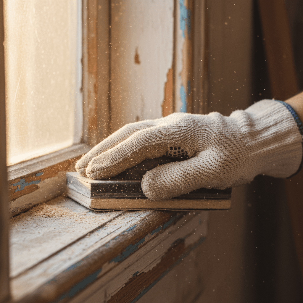 Painter sanding wood window trim, preparing the surface for primer