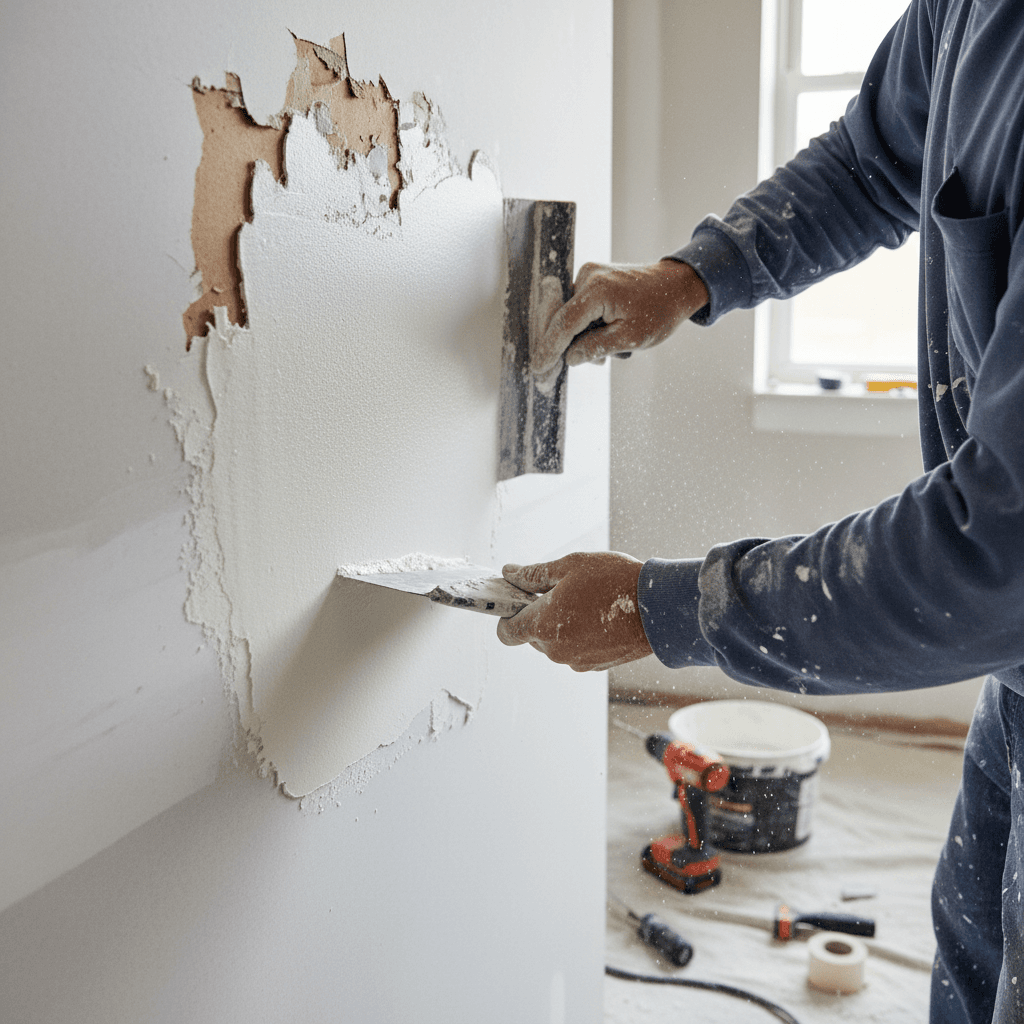 Painter repairing drywall with a putty knife