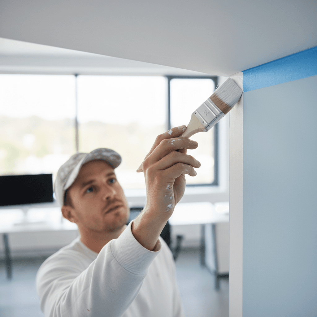 Close-up of a painter cutting in a straight line along the ceiling edge in a commercial interior