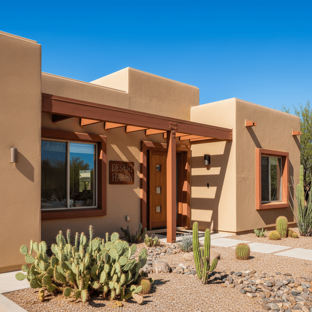 Bright sunny exterior of a freshly painted house in the desert