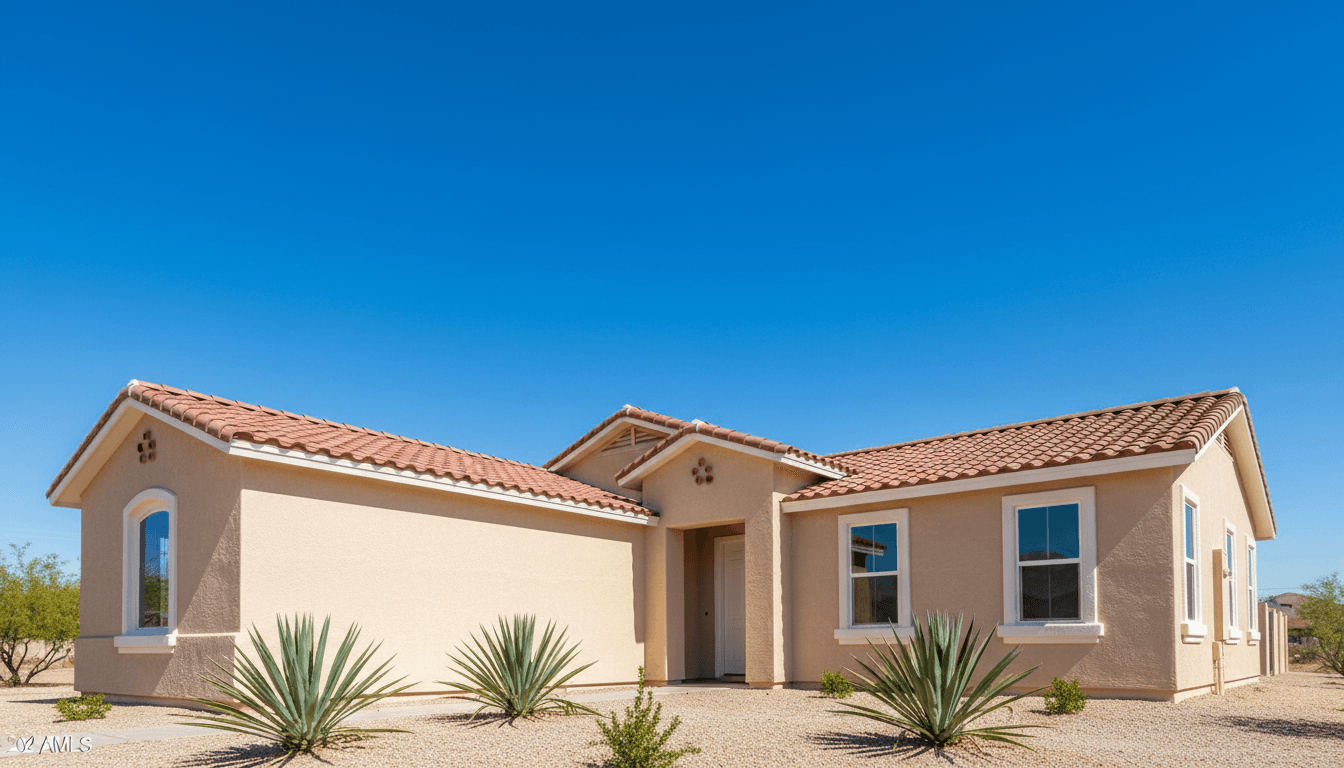 Freshly painted beige stucco home exterior under bright Arizona sun