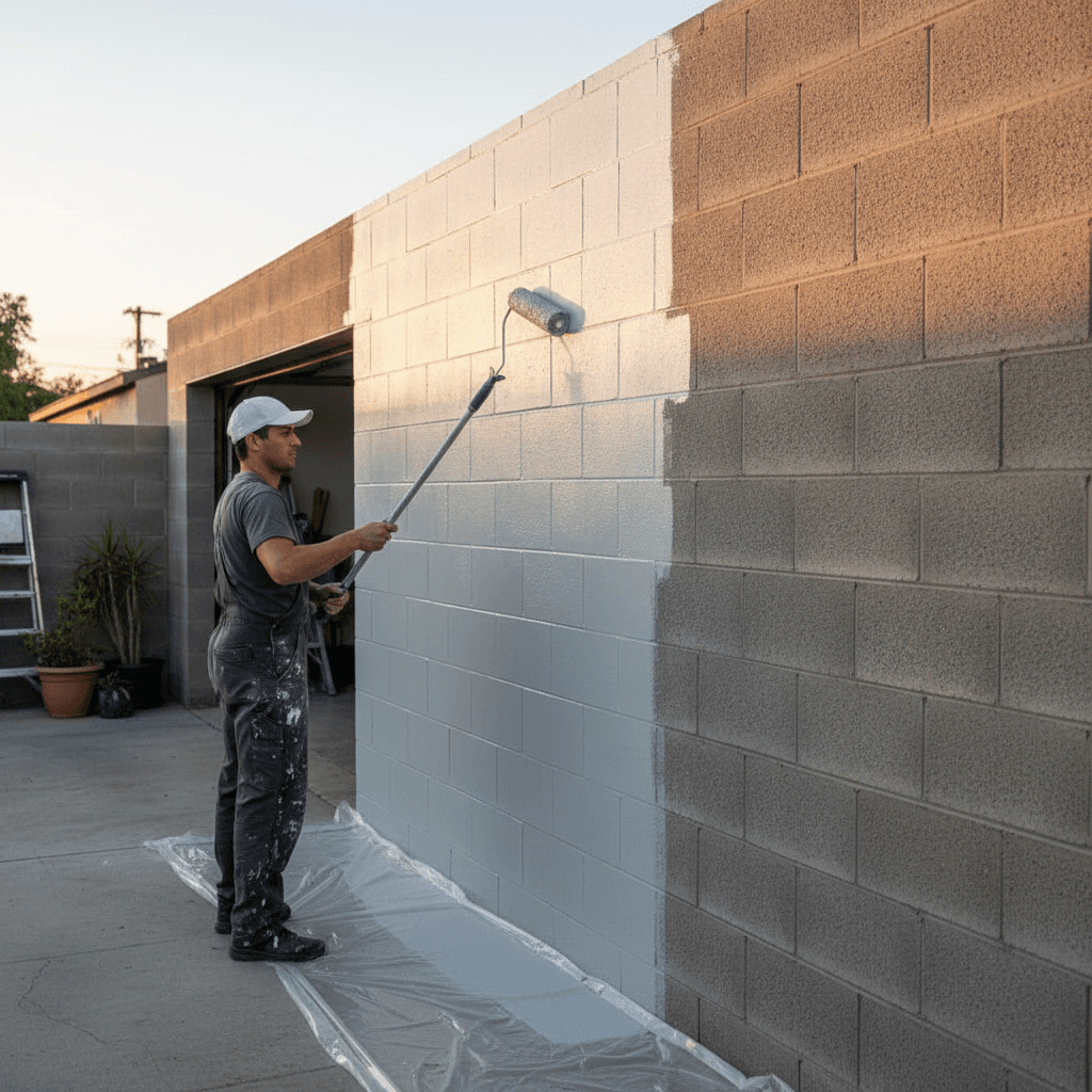 Painter rolling paint onto concrete block garage wall