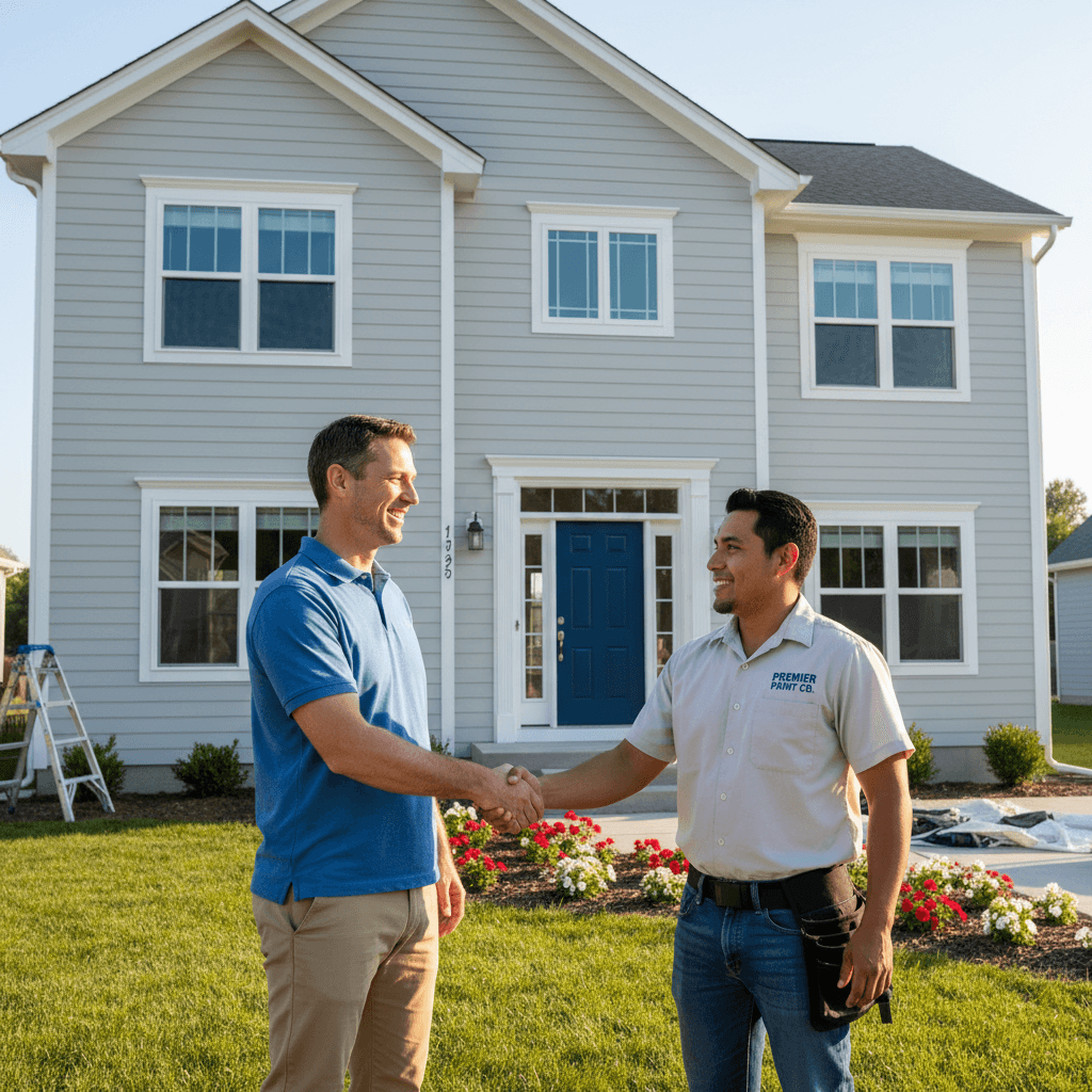 Homeowner shaking hands with a contractor in front of a freshly painted house