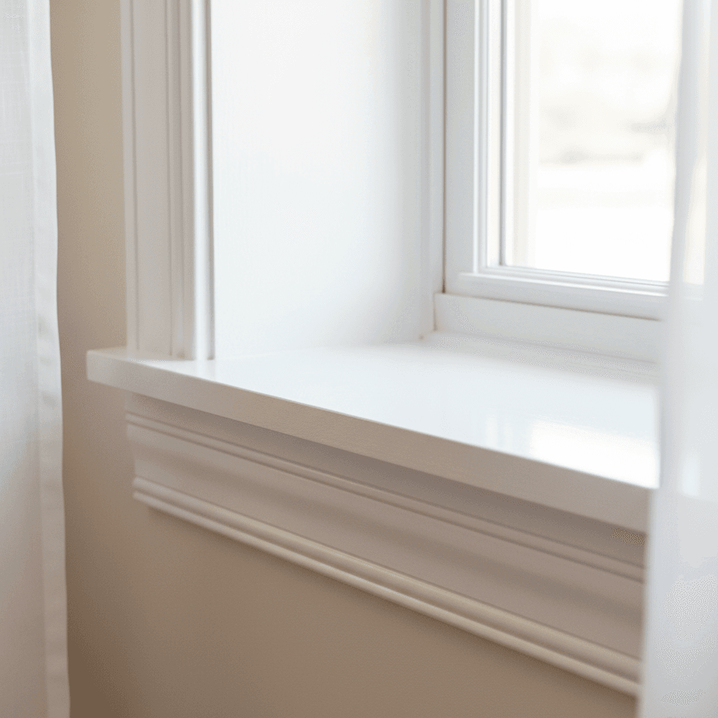 Close-up of freshly painted white window trim
