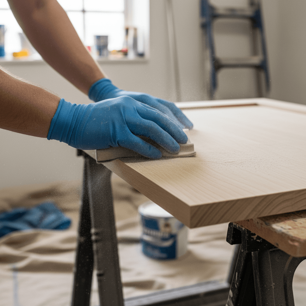 Painter sanding a cabinet surface before painting