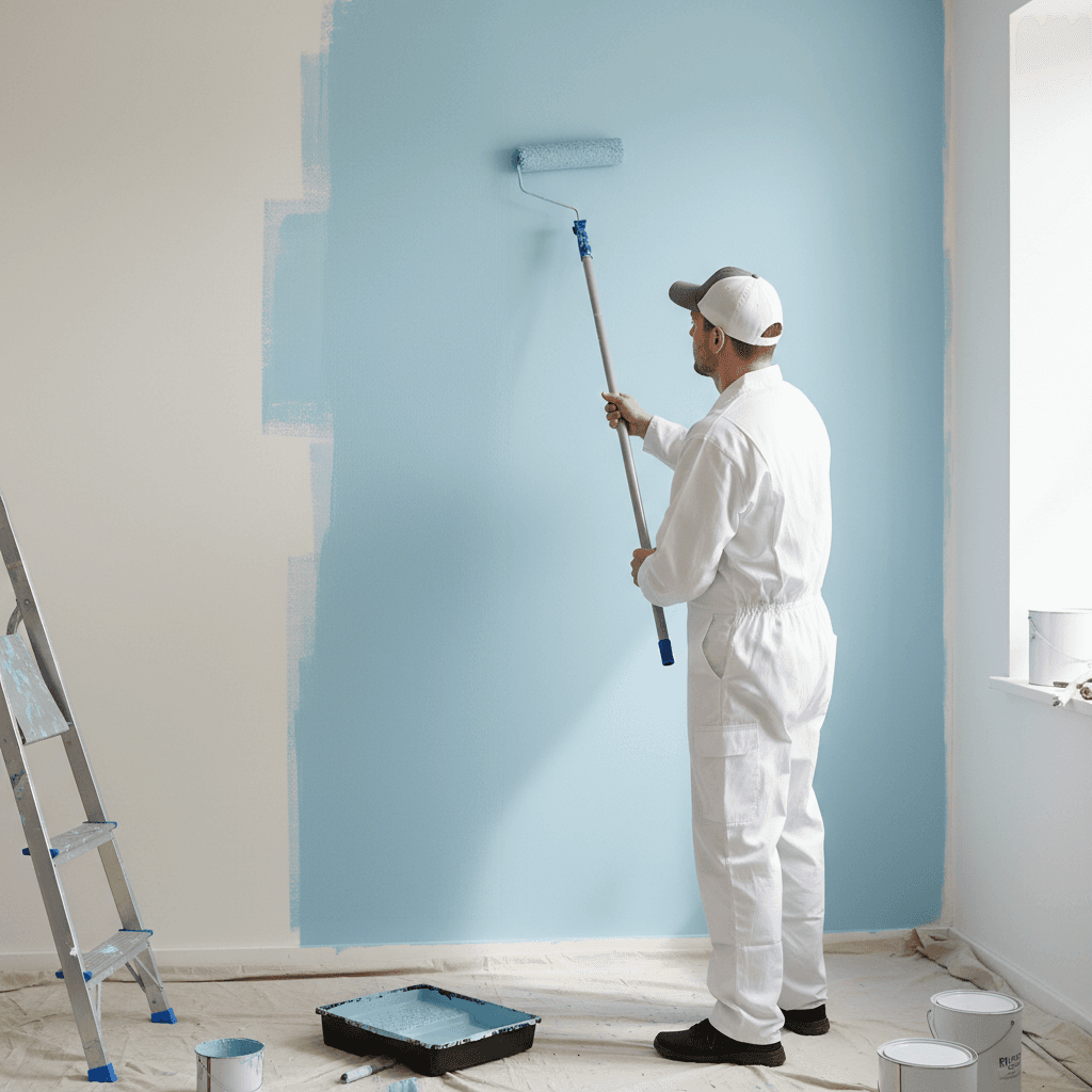 Painter rolling a second coat of paint onto an interior wall