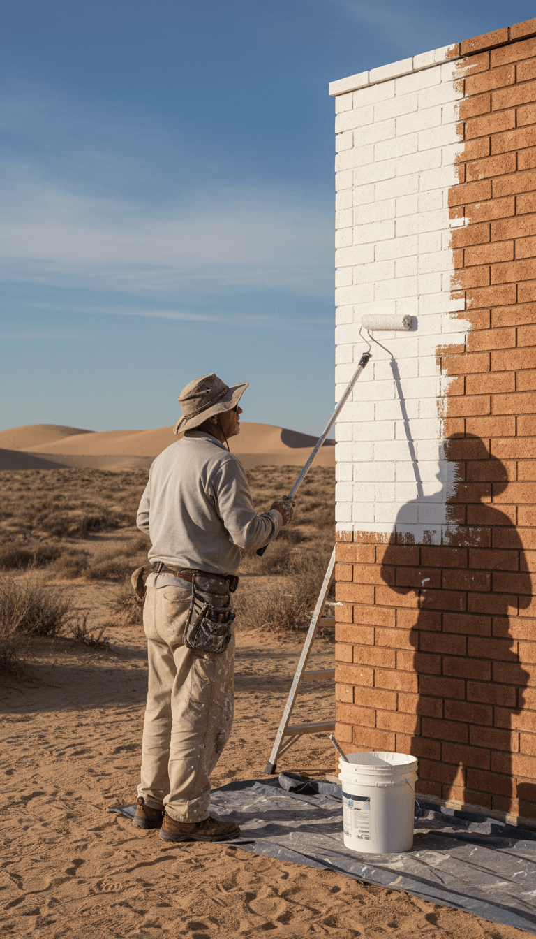 Painter applying paint to exterior brick wall