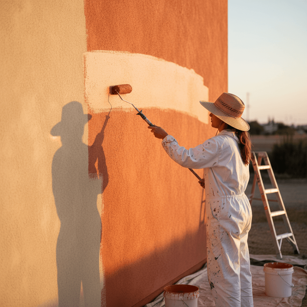 Professional painter applying a second coat of paint to a stucco exterior wall