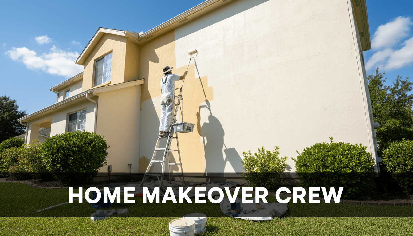 Professional painter applying paint to a home's exterior wall with a roller in bright sunlight