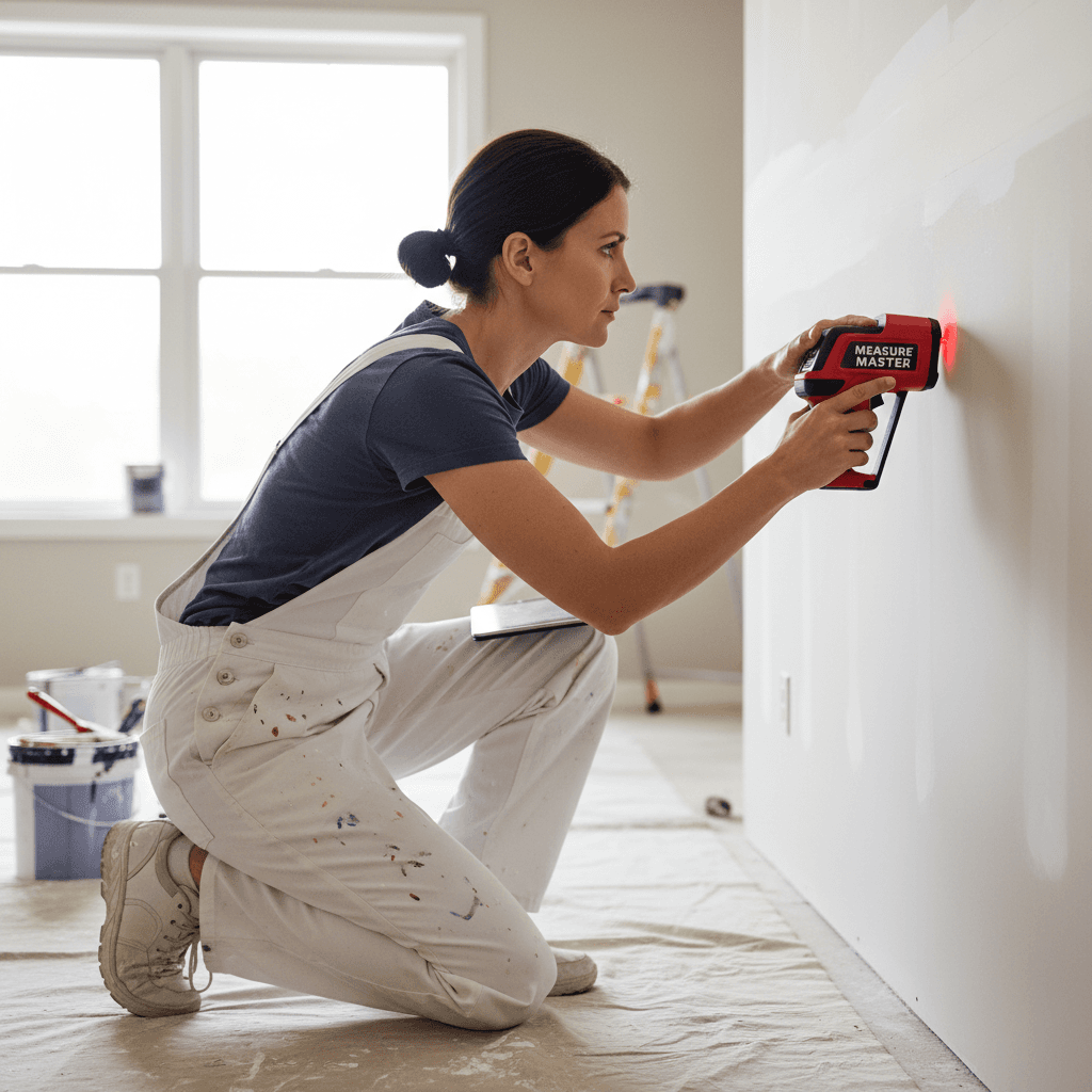 Painter measuring interior wall for a detailed estimate