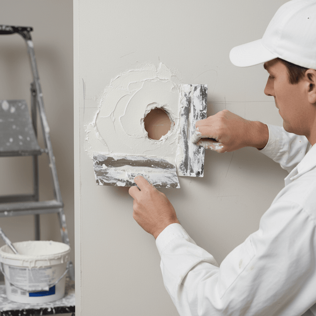 Painter smoothing spackle to repair a drywall hole