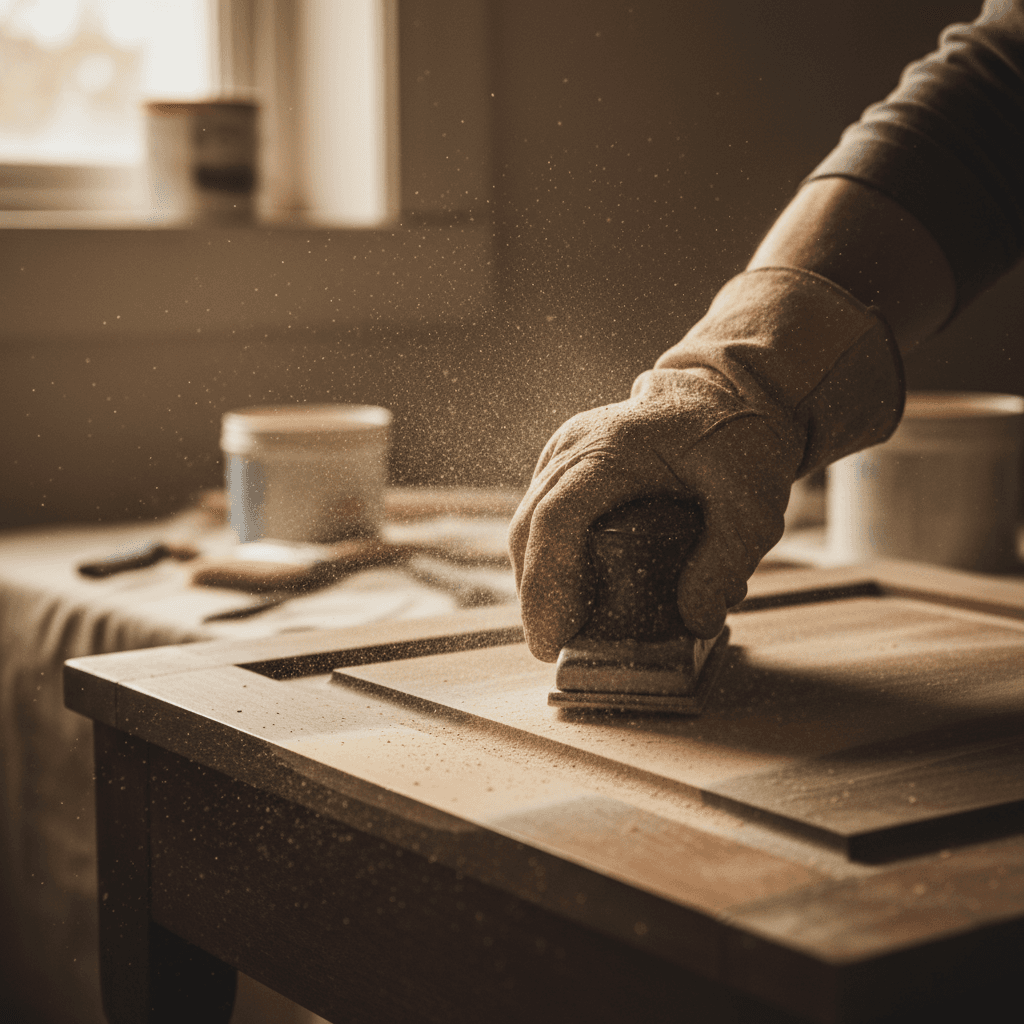Painter's hand sanding a cabinet door