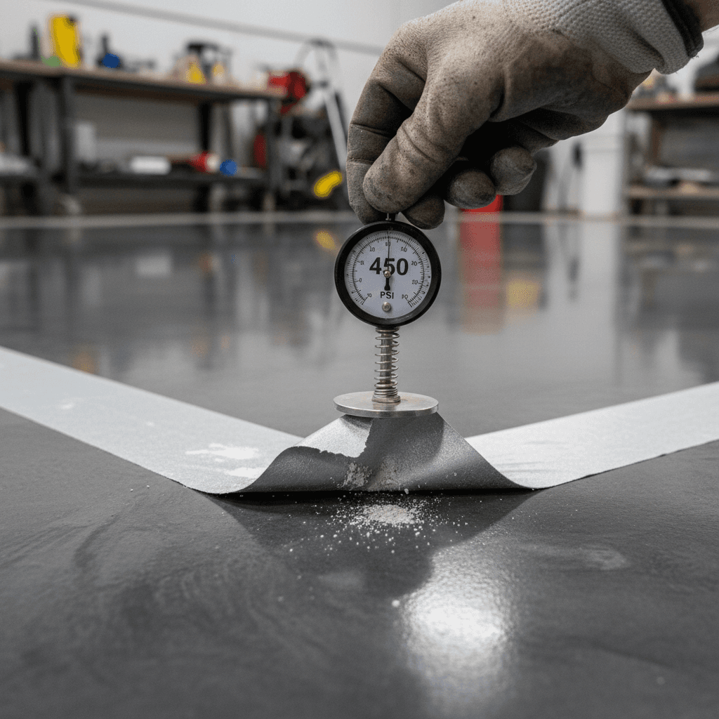 Close up of epoxy floor showing strong bond to concrete surface