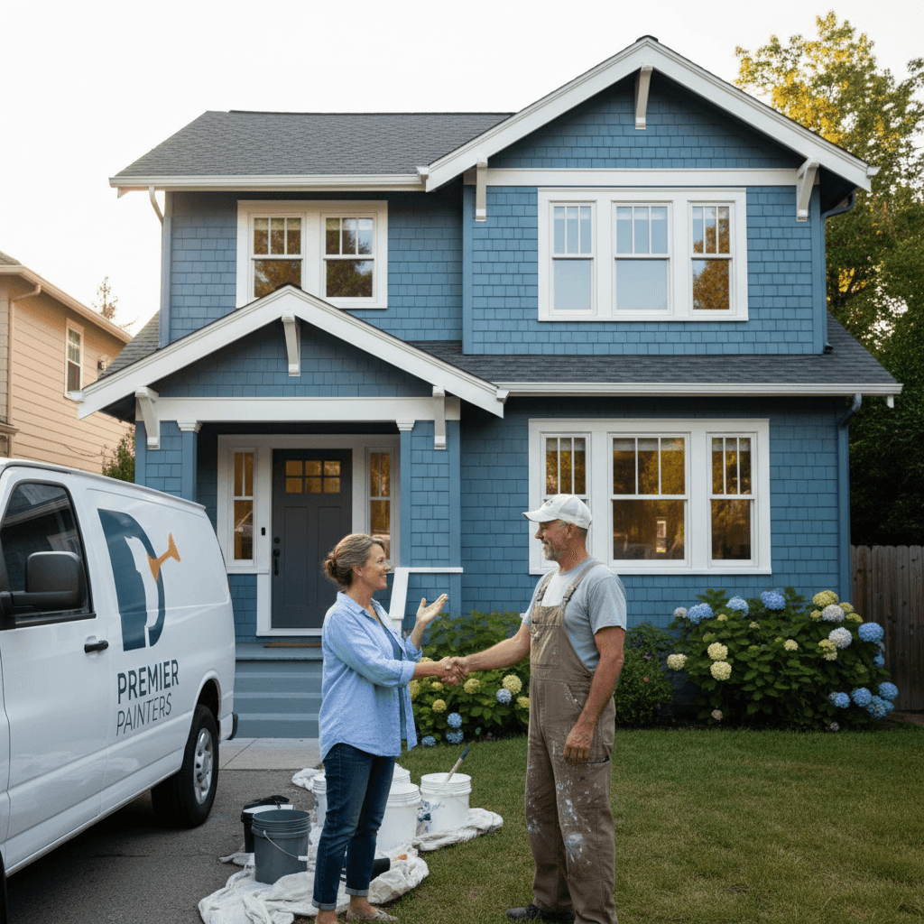 Homeowner reviewing finished paint job with a painter outside
