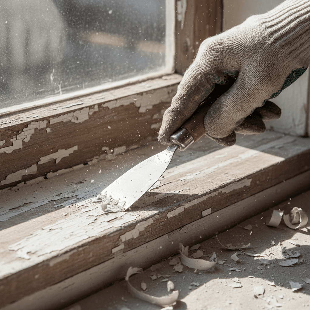 Hand scraping loose paint from a window sill before repainting