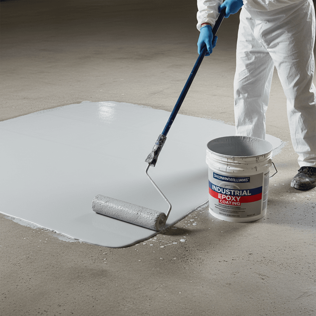 Roller applying thick gray epoxy coating to concrete garage floor