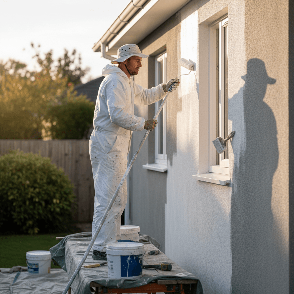 Applying primer to a house exterior before paint