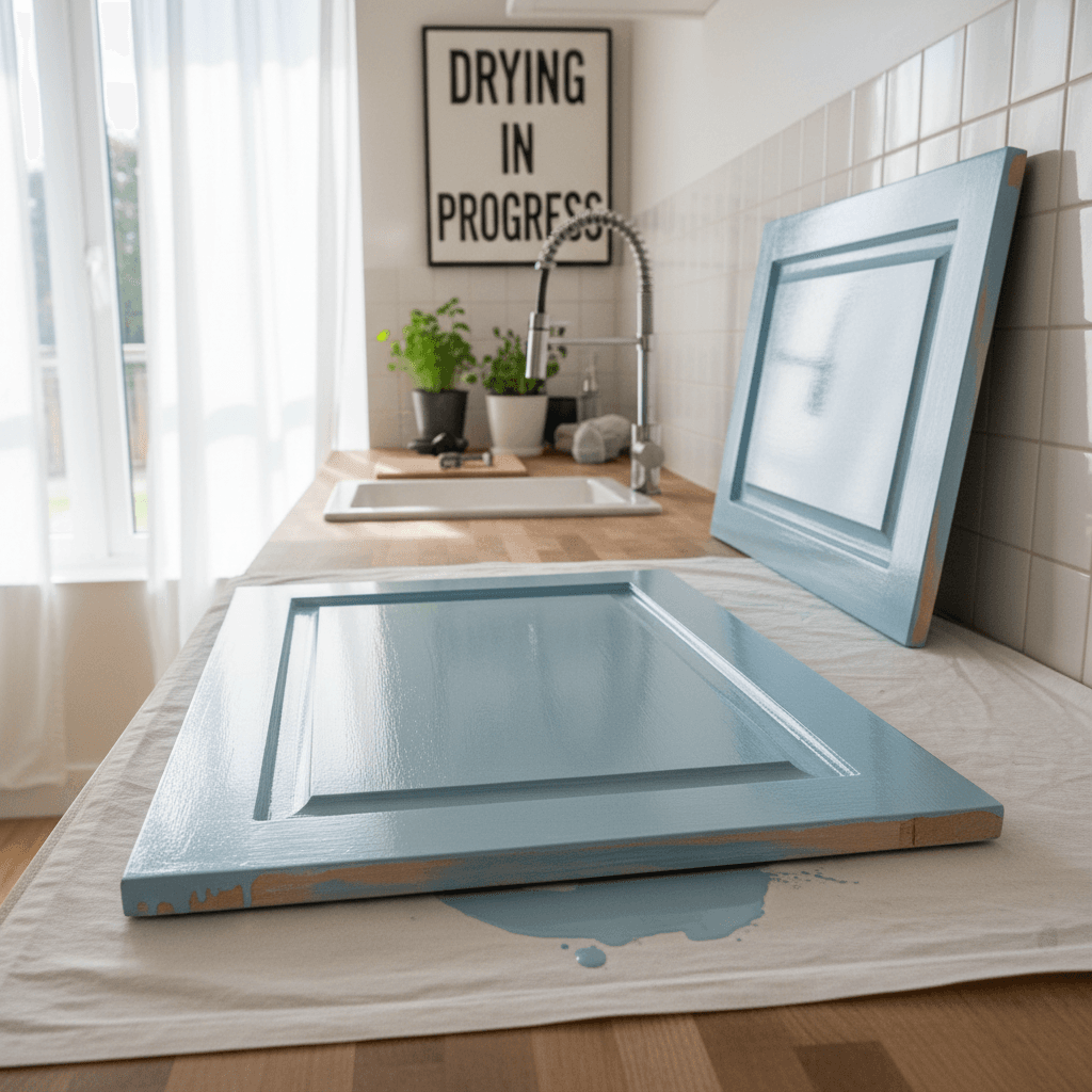Freshly painted cabinet door drying in a kitchen