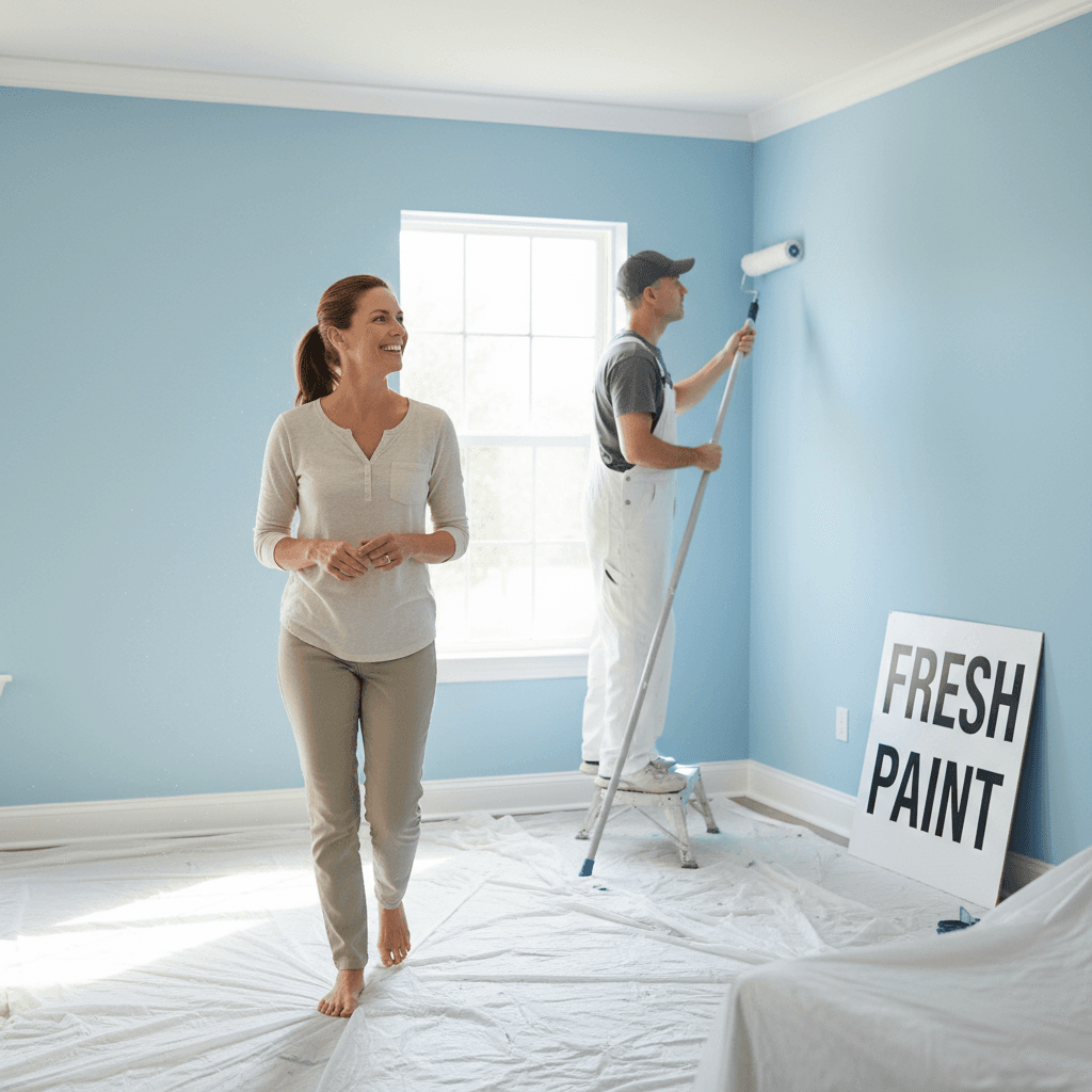 Homeowner and painter doing final walkthrough of freshly painted room
