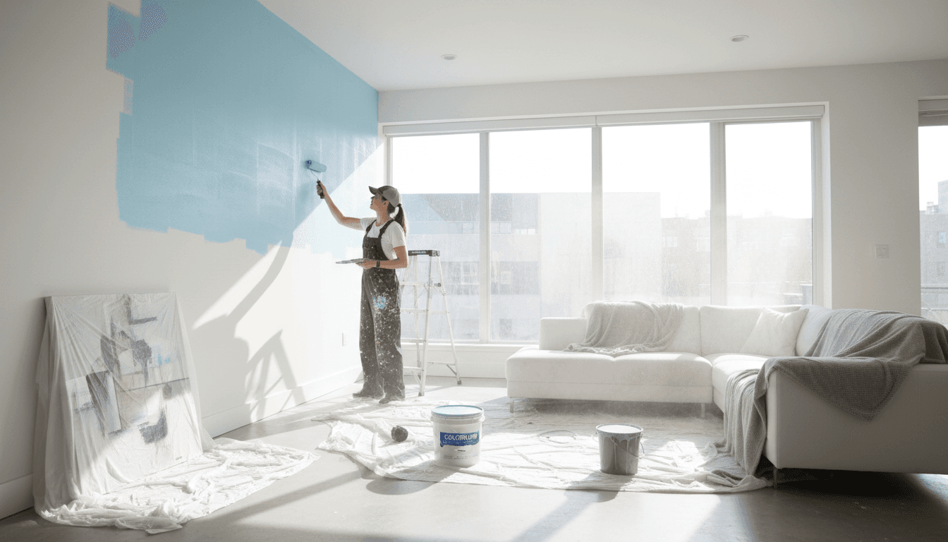 Professional painter applying paint to an interior wall in a bright living room