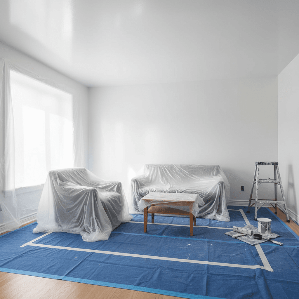 Freshly painted bright interior room with covered furniture and protected flooring