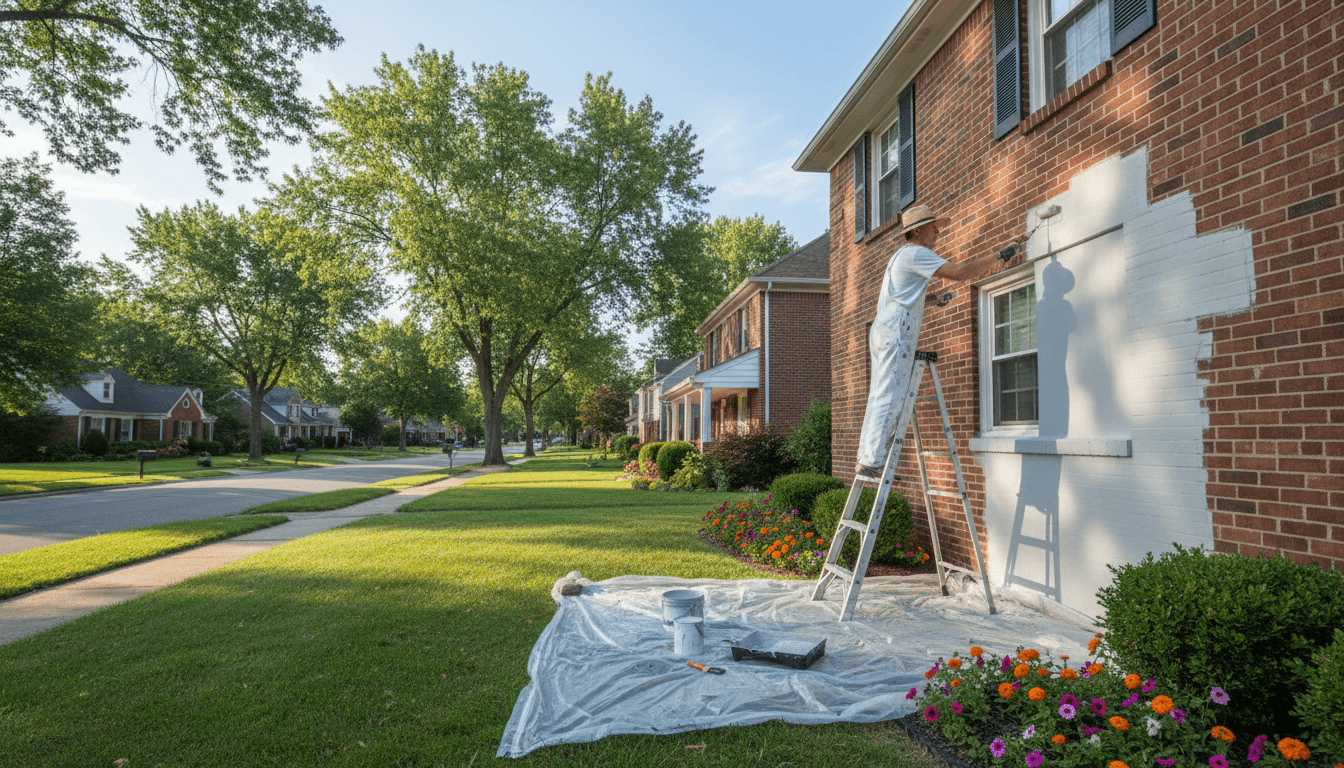 Professional painter applying fresh paint to an exterior brick wall on a sunny Arizona day