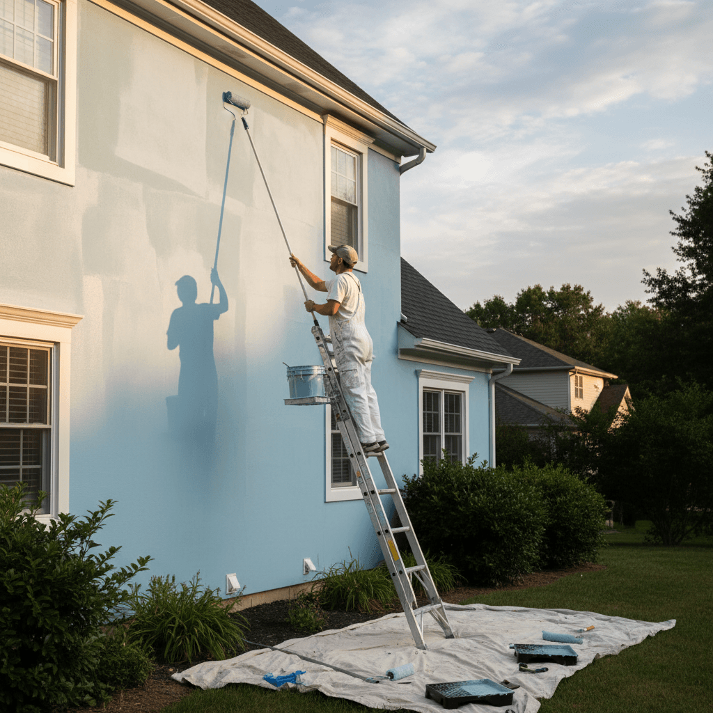 Painter rolling a second coat of paint onto a home exterior