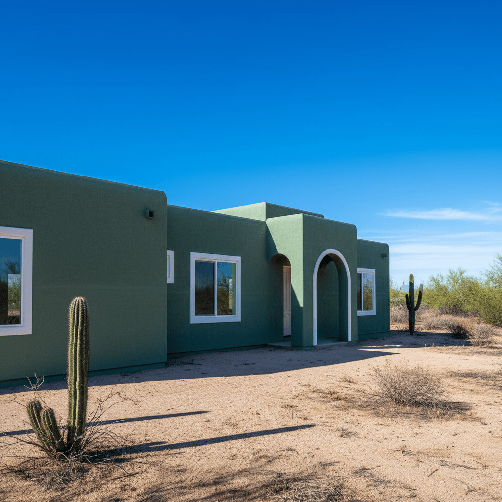 Freshly painted stucco house exterior in desert sunlight