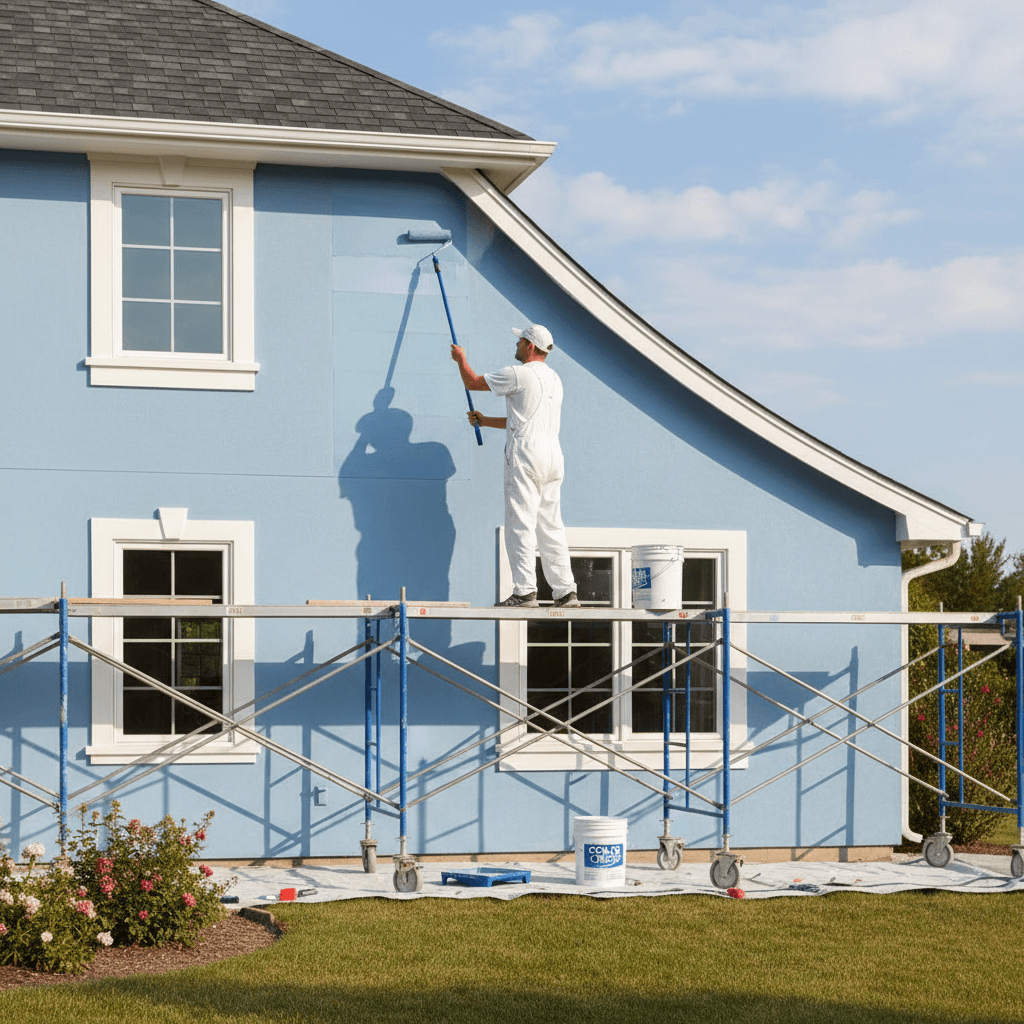 Professional painter rolling a rich, dark blue coating onto a stucco house exterior