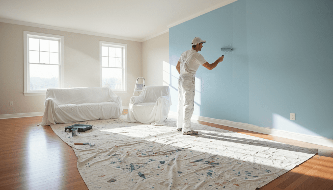 Professional painter applying paint to an interior wall in a bright, clean living room with protective drop cloths