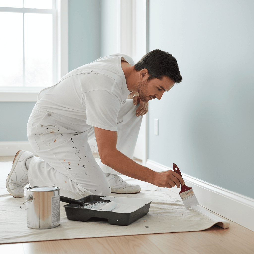 Painter using a brush for crisp trim work in a bright room