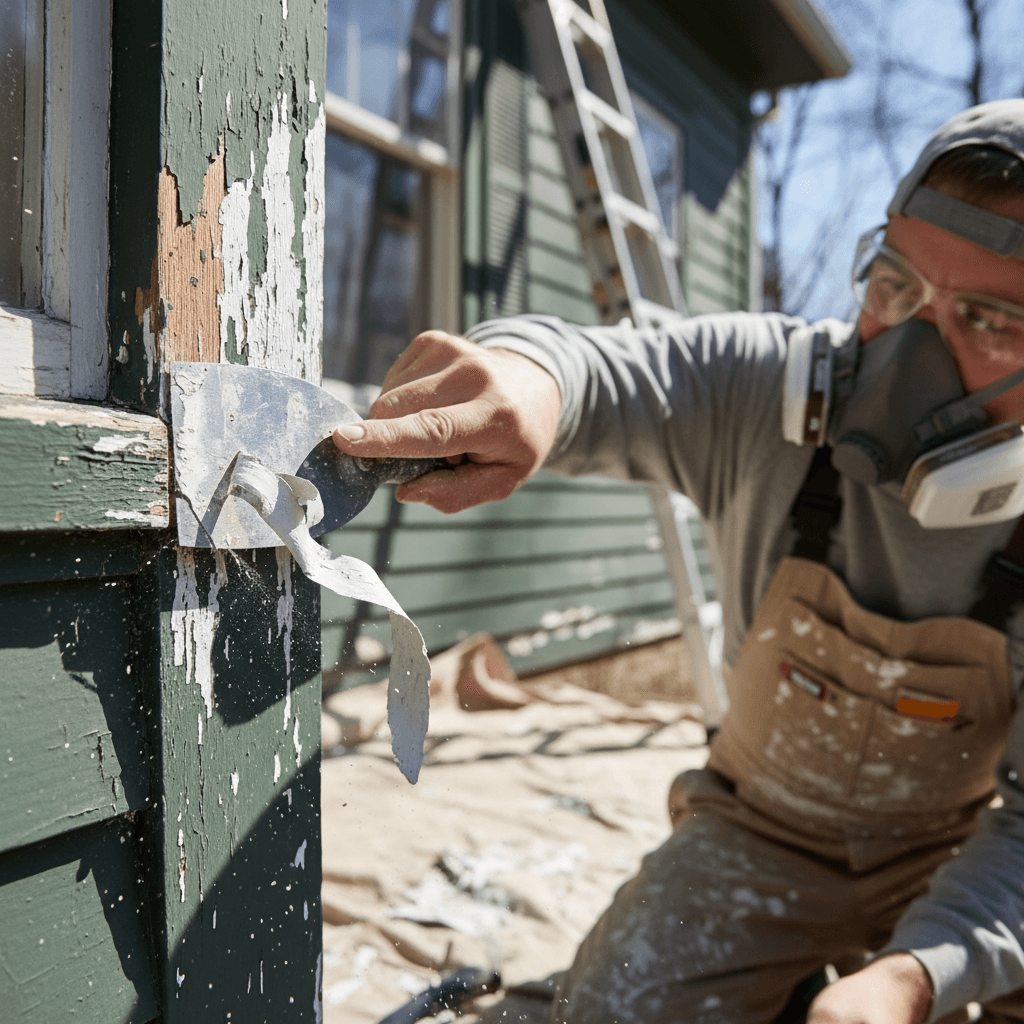 Painter scraping loose paint from wood trim