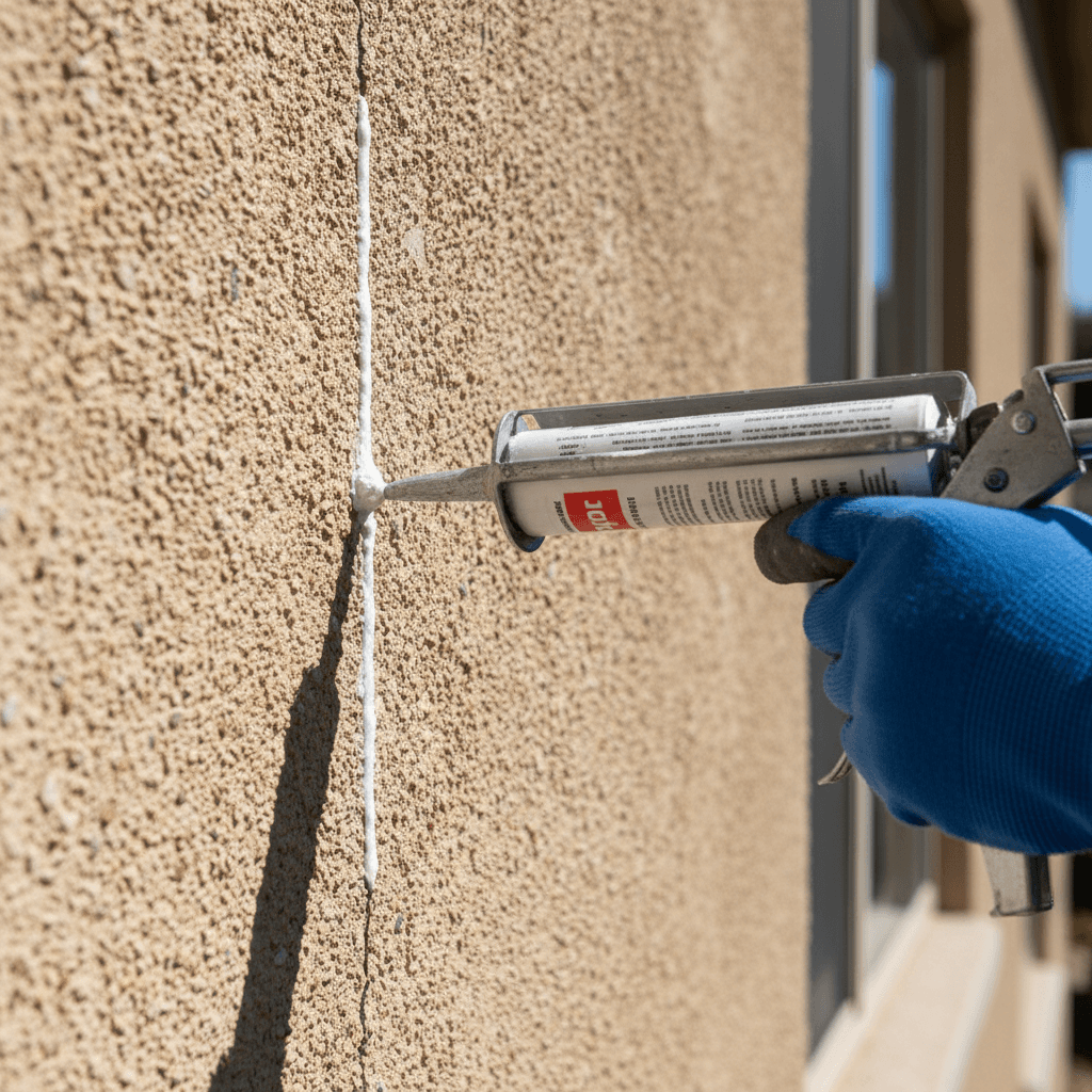 Caulking gun sealing cracks on a stucco wall