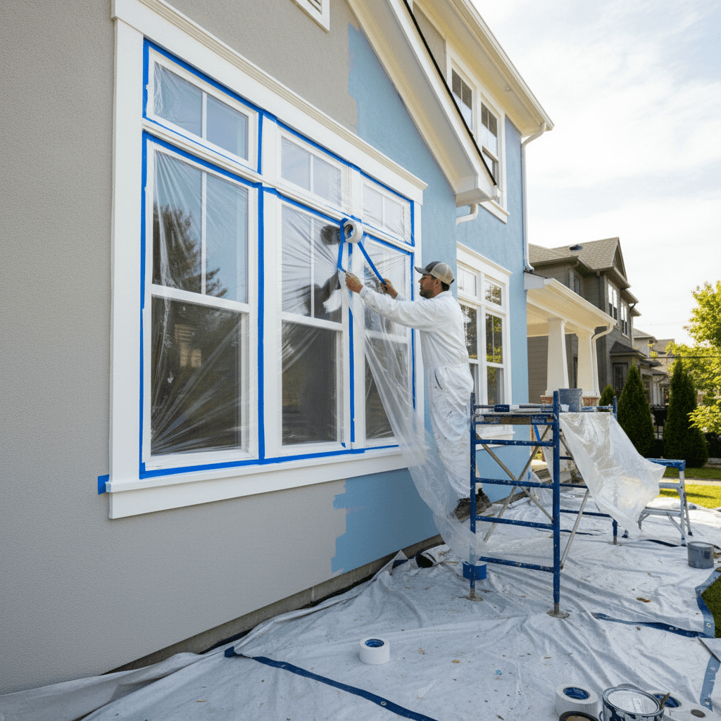 Painter applying masking tape around windows on a home exterior