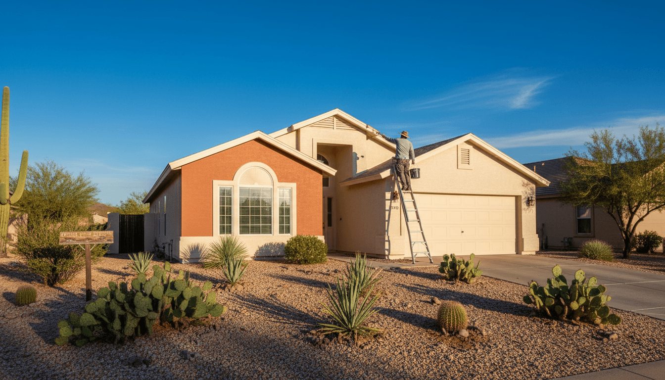 Painter applying final coat to a suburban home exterior in Arizona