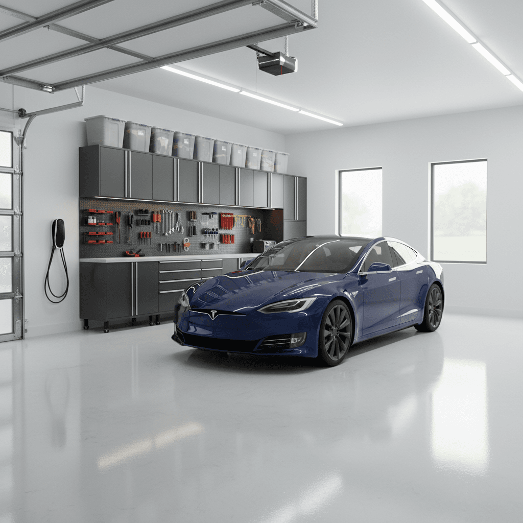 Clean home garage with a finished epoxy floor and a car parked inside