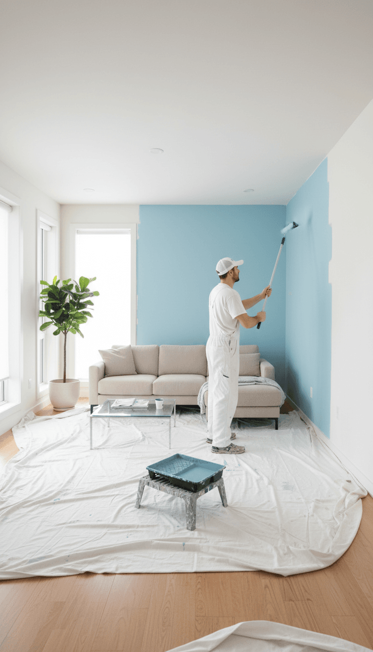 Professional painter applying paint to a living room wall with clean lines and drop cloths