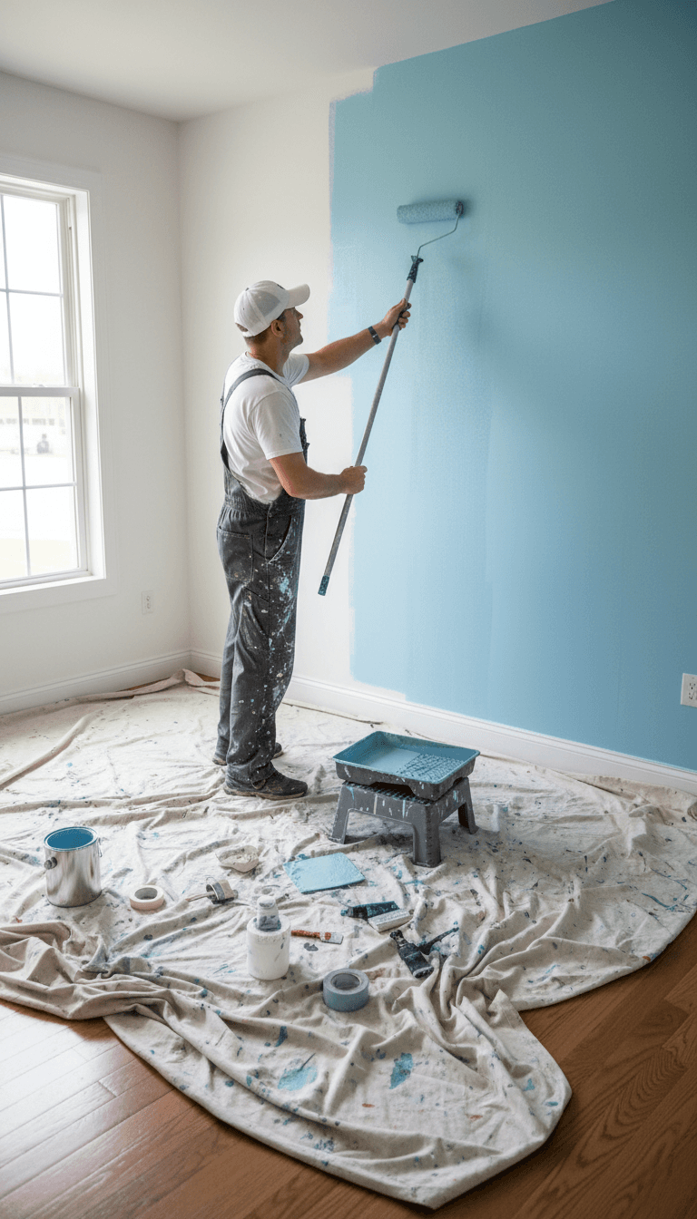 Painter applying a smooth coat of paint with a roller