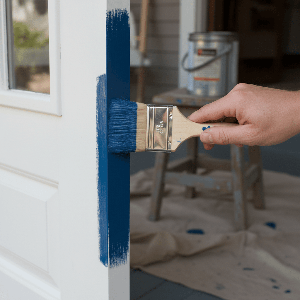 Painter's brush applying a smooth coat of paint to a wooden door edge