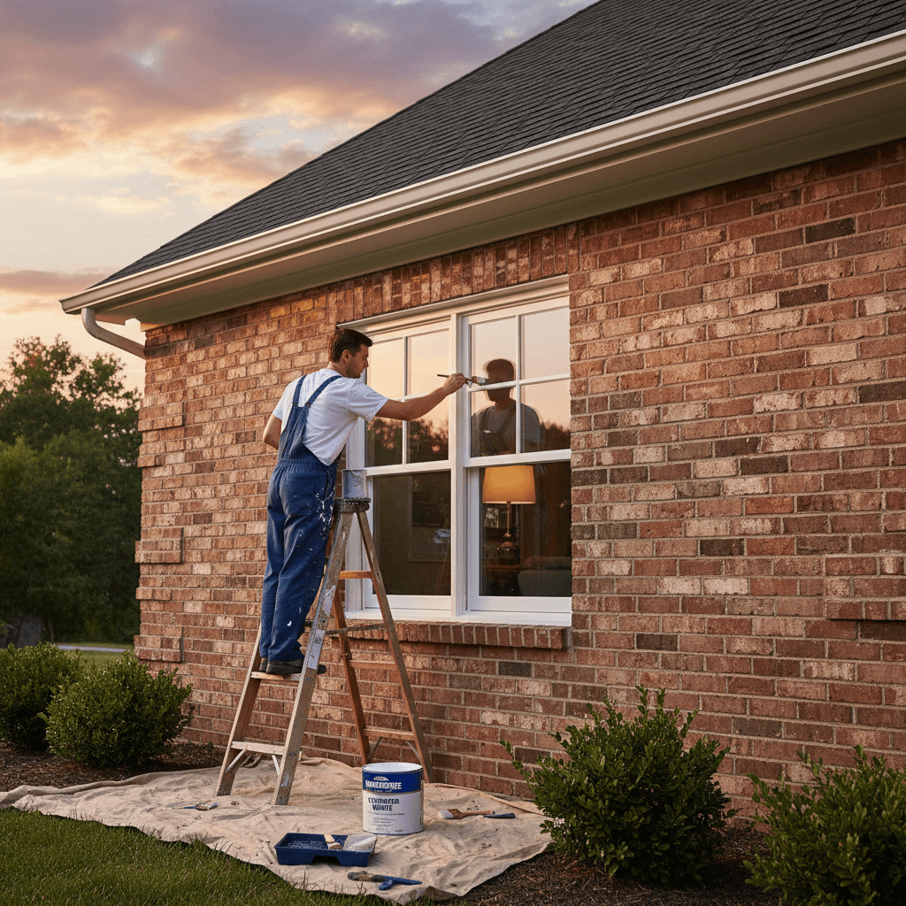 Painter applying paint to window trim on a brick home
