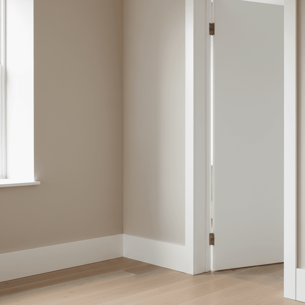 Freshly painted white baseboard and door trim in a bright room
