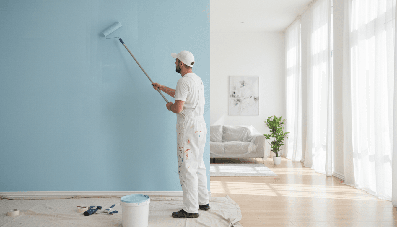 Professional painter applying paint to an interior wall in a bright room