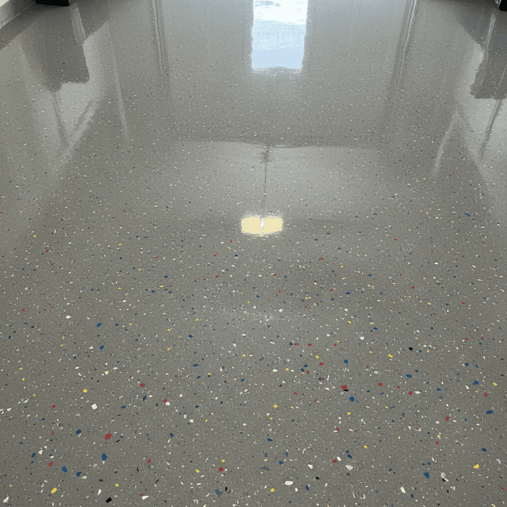 Grey epoxy garage floor with decorative color flakes and a glossy clear finish