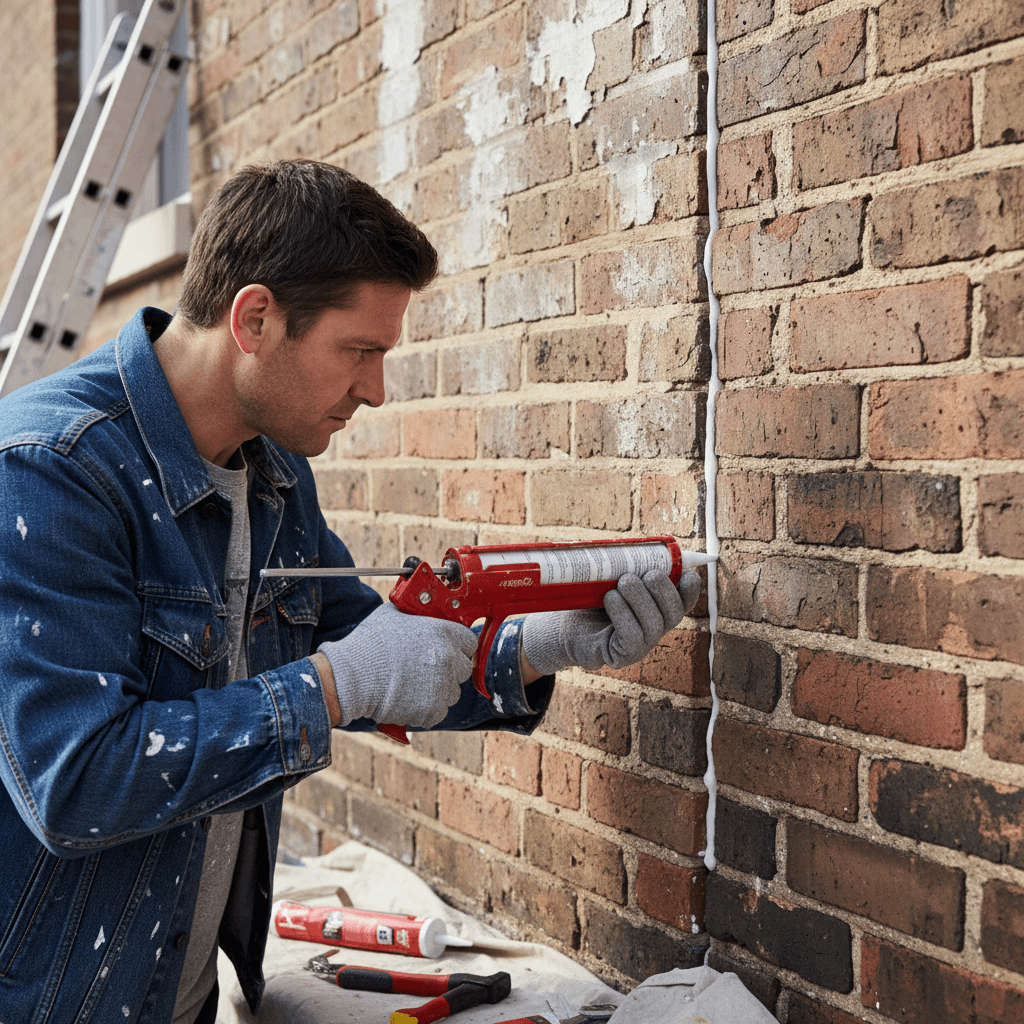 Filling a crack in an exterior brick wall before painting