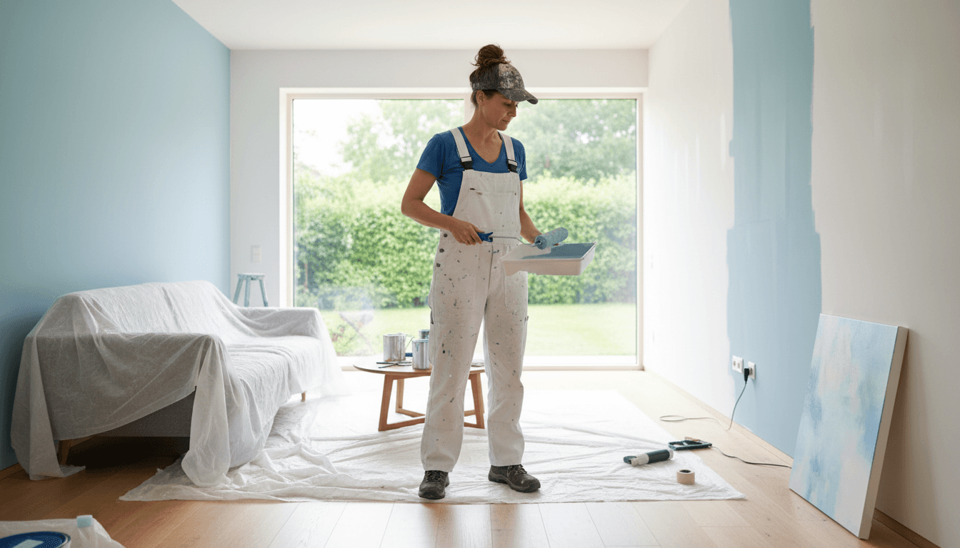 Professional painter in a bright living room holding a paint roller and tray