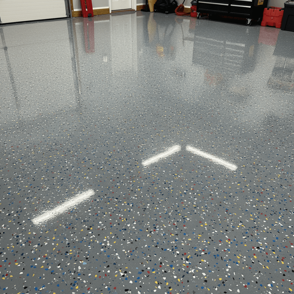 Finished garage epoxy floor with color chips and clear topcoat