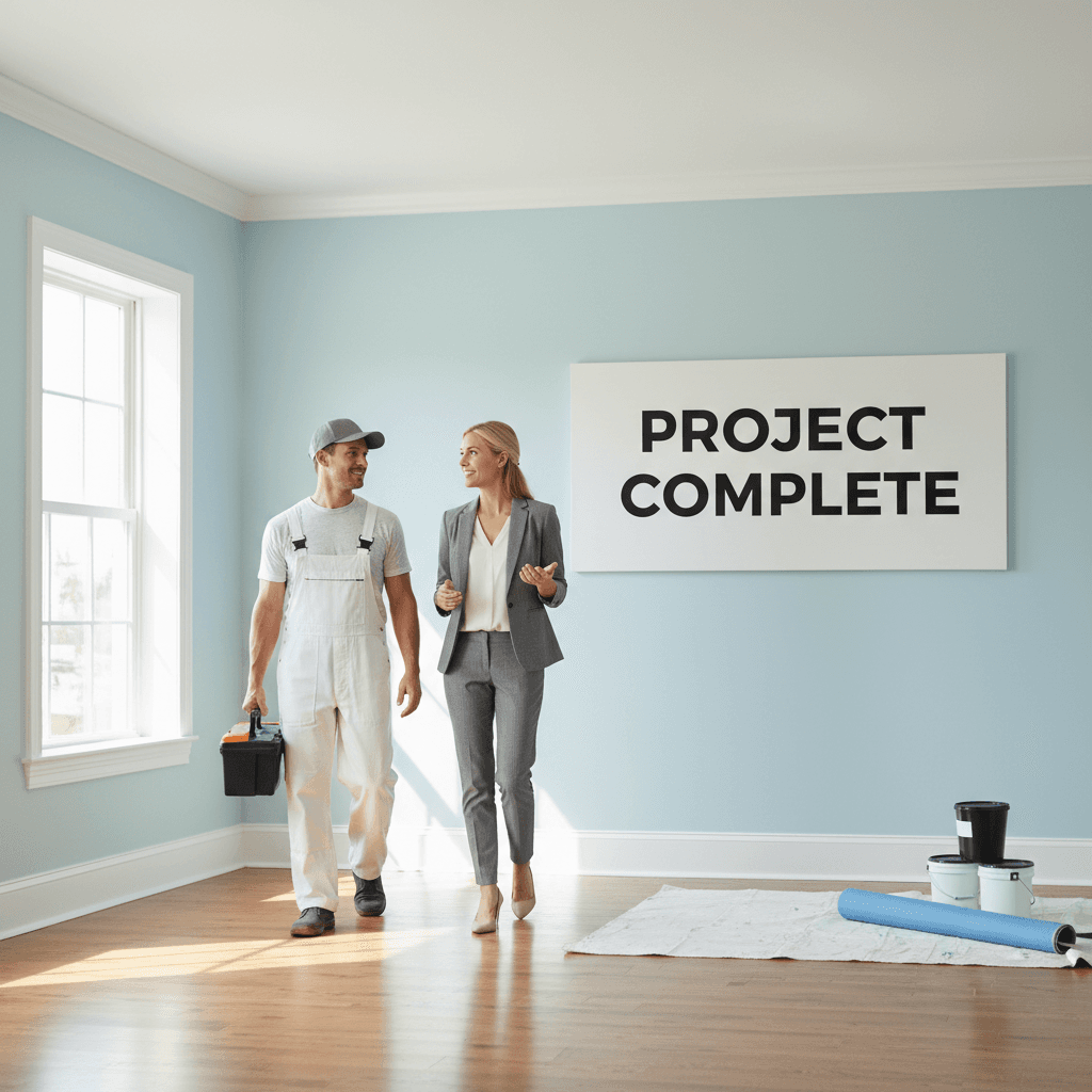 Painter reviewing finished painted walls with homeowner inside