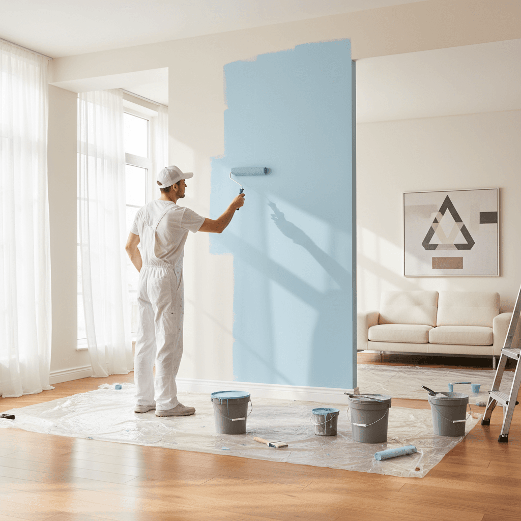 Professional painter applying paint with roller to a bright interior wall