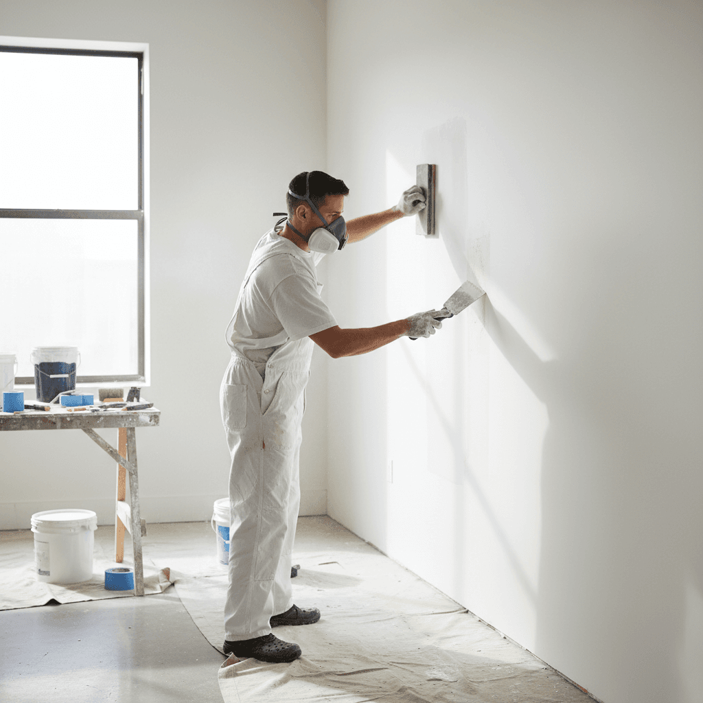 Painter sanding a wall with a sanding block in a bright interior room